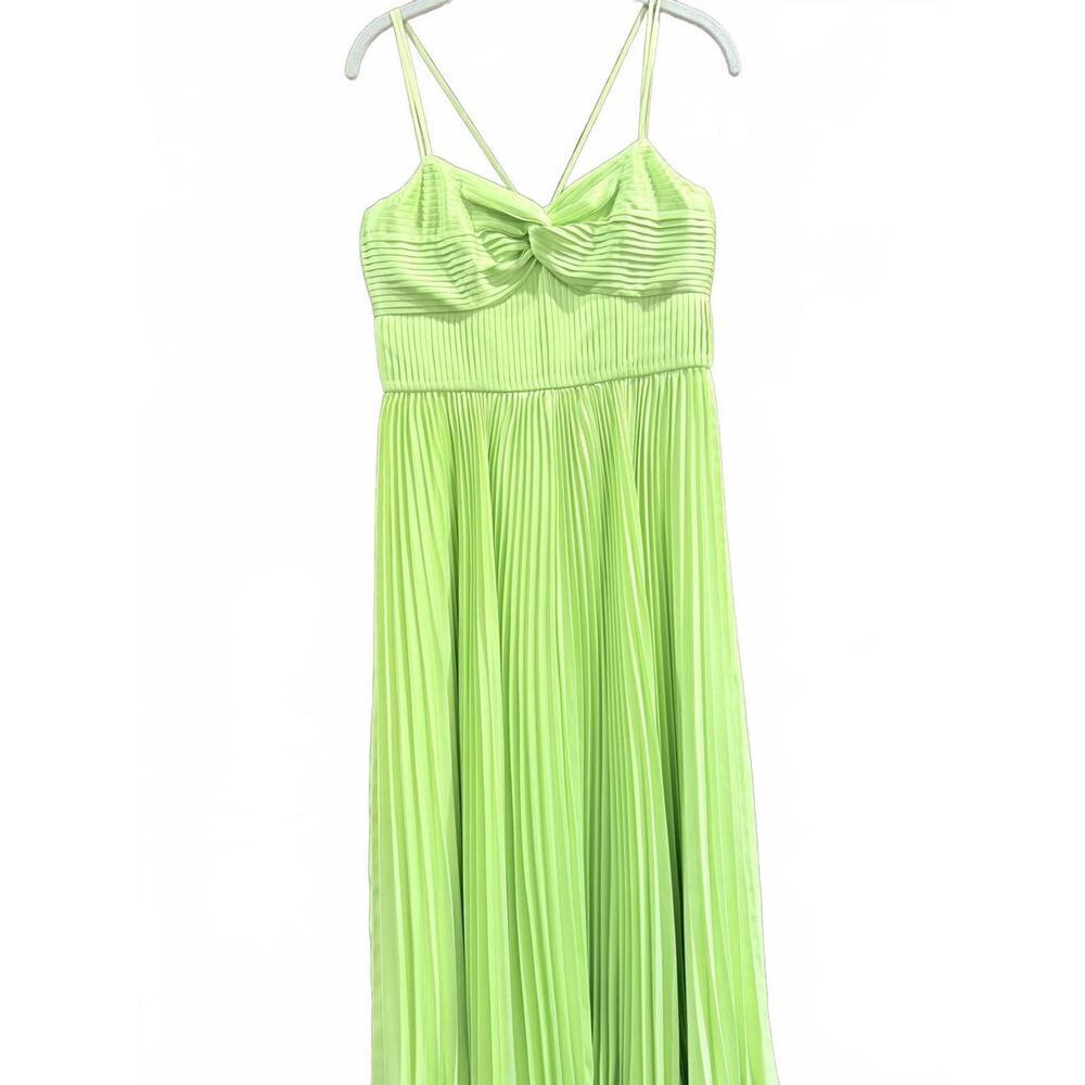 AMUR Krisley Pleated Satin Lime Green Midi Dress - Picture 4 of 12